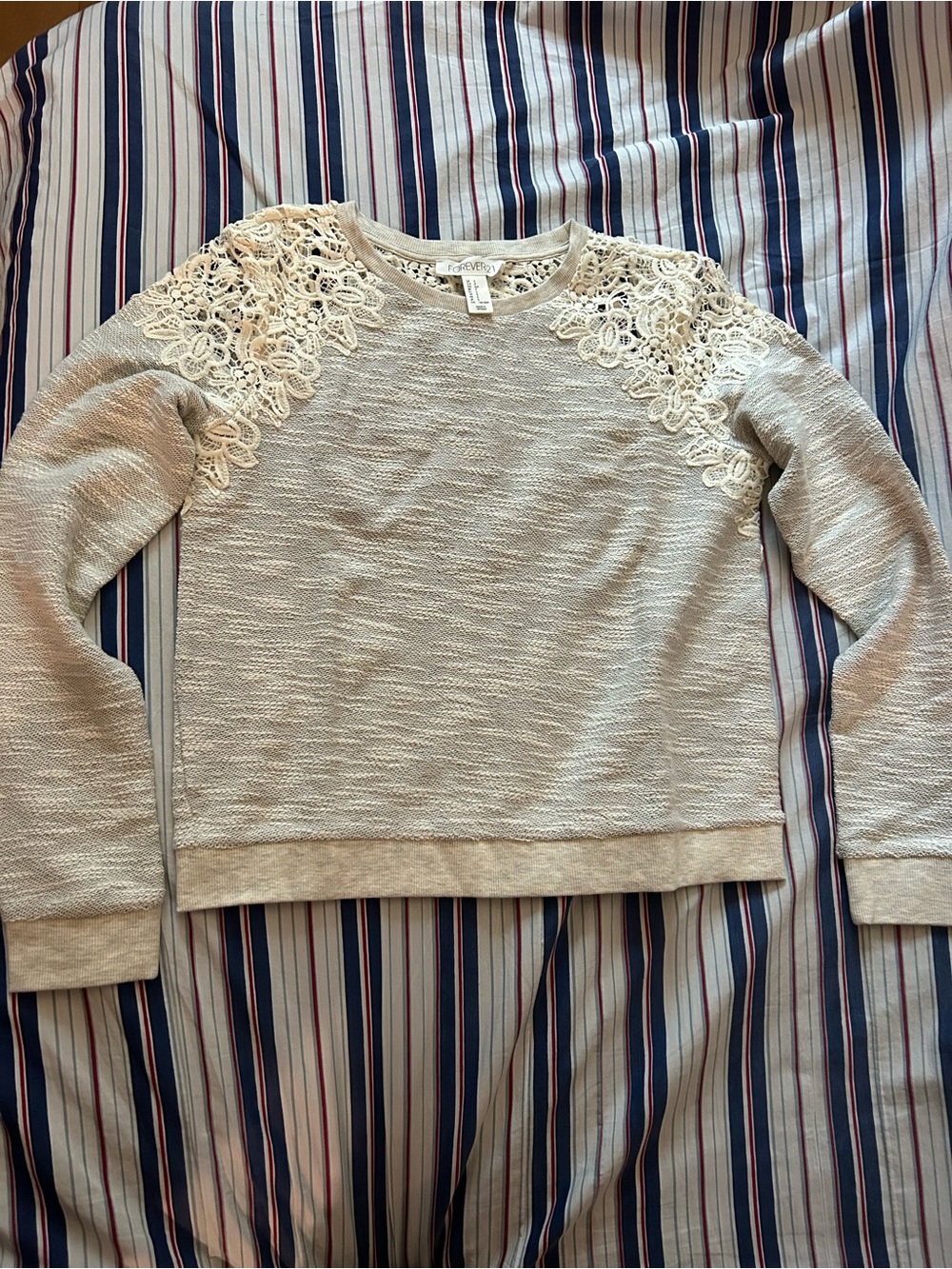 Forever 21 Beige Lace-Shoulder Crewneck Sweater
